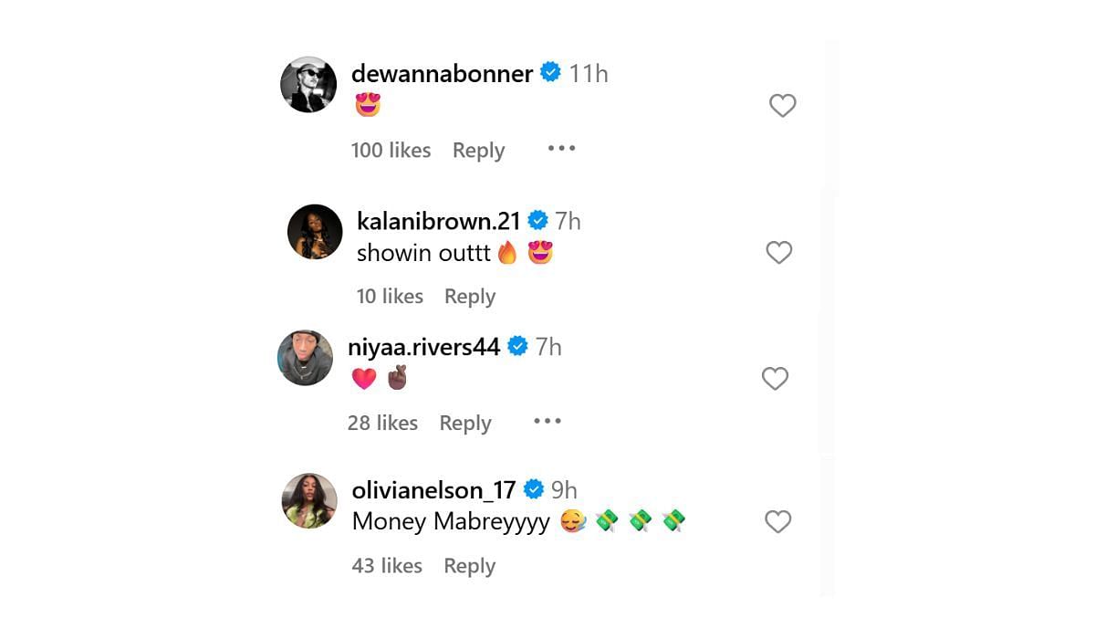DeWanna Bonner, Olivia Nelson, Saniya Rivers, and Kalani Brown comment on Mabrey&#039;s post