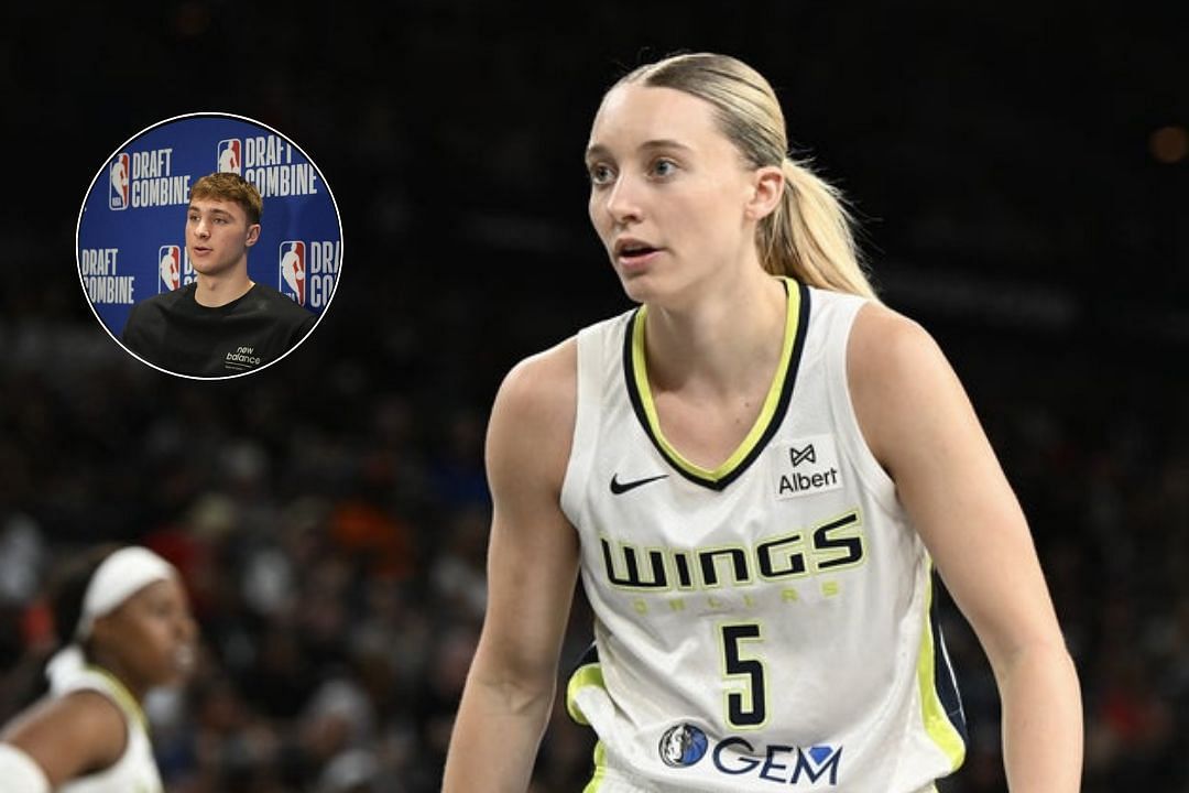 Dallas Wings star Paige Bueckers looks on during a WNBA game, Cooper Flagg during the NBA Draft  Combine