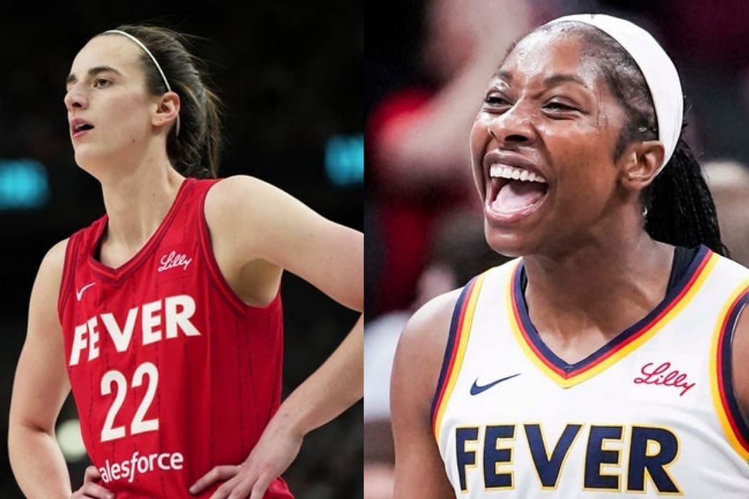 Left: Indiana Fever guard Caitlin Clark looks dejected during a WNBA game, Right: Fever