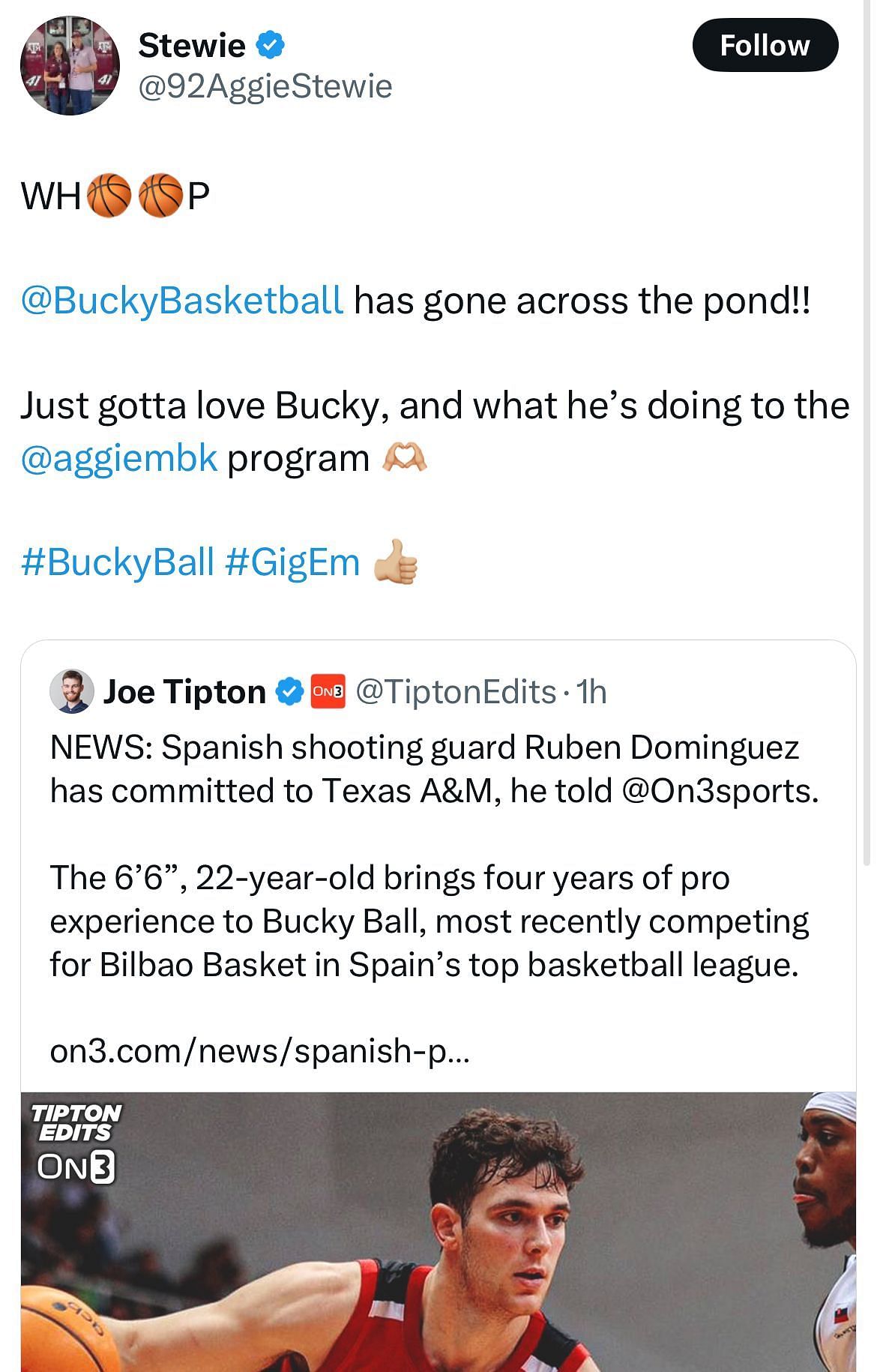 (X/@TiptonEdits)A quote post expresses excitement about Dominquez coming to Texas A&amp;M 