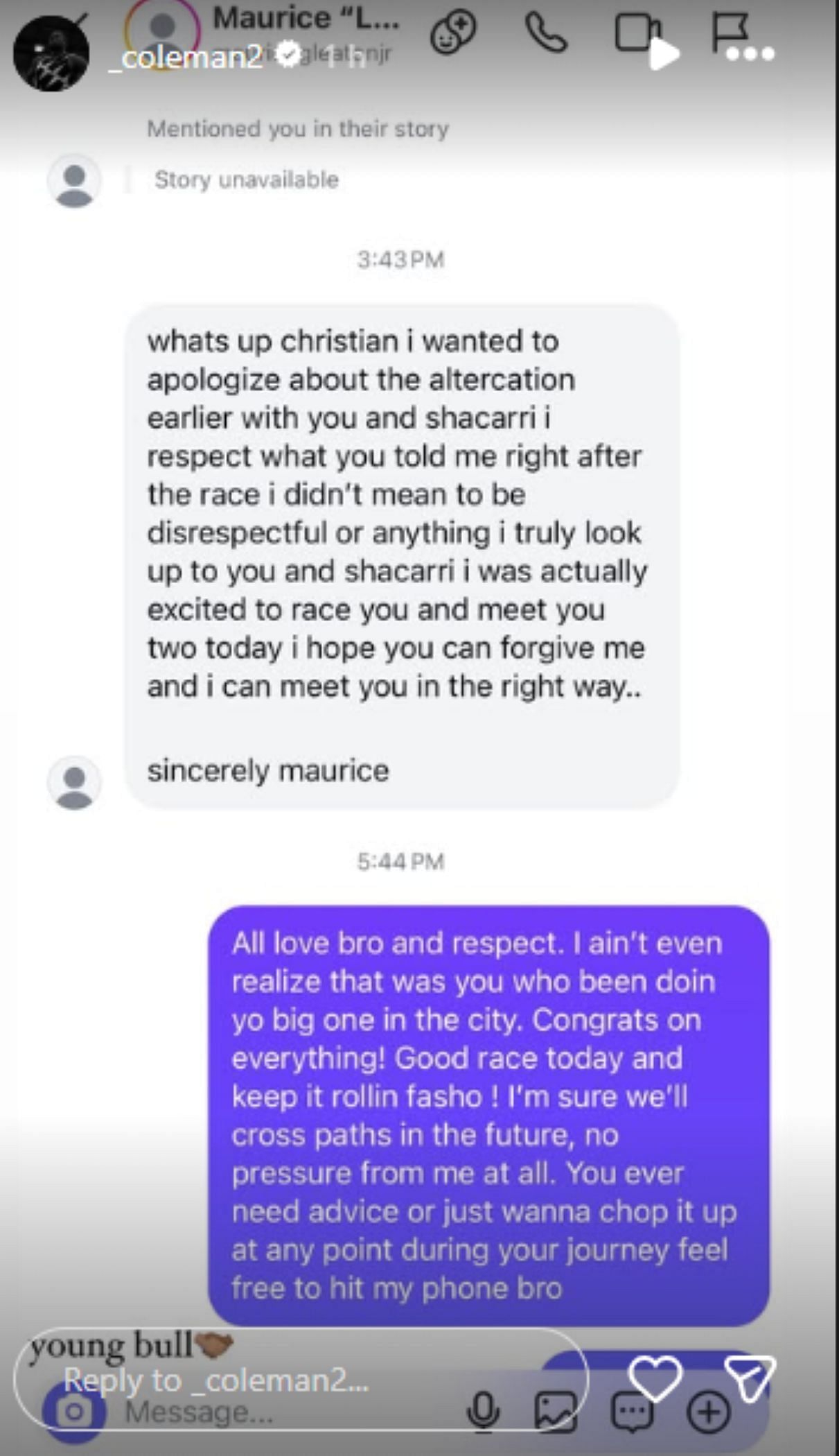 Screengrab of Christian Coleman&#039;s screengrab about the conversation with Maurice Gleaton Jr. [Image Source : Christian Coleman&#039;s Instagram]