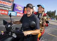 NHRA top fuel driver Leah Pruett (R) with fiancee Tony Stewart after winning the 2021 Winternationals at Pomona. Source: Imagn