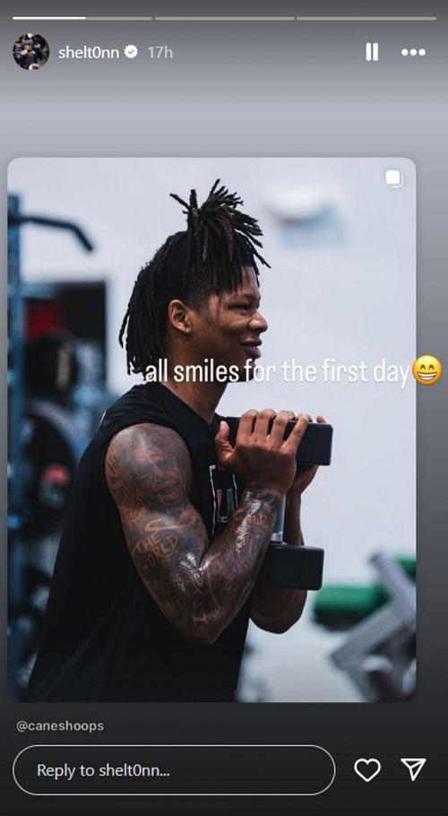 5-star Miami signee Shelton Henderson is "all smiles" as he arrives on the first day of training with Jai Lucas' squad (Image via Instagram @shelt0nn)