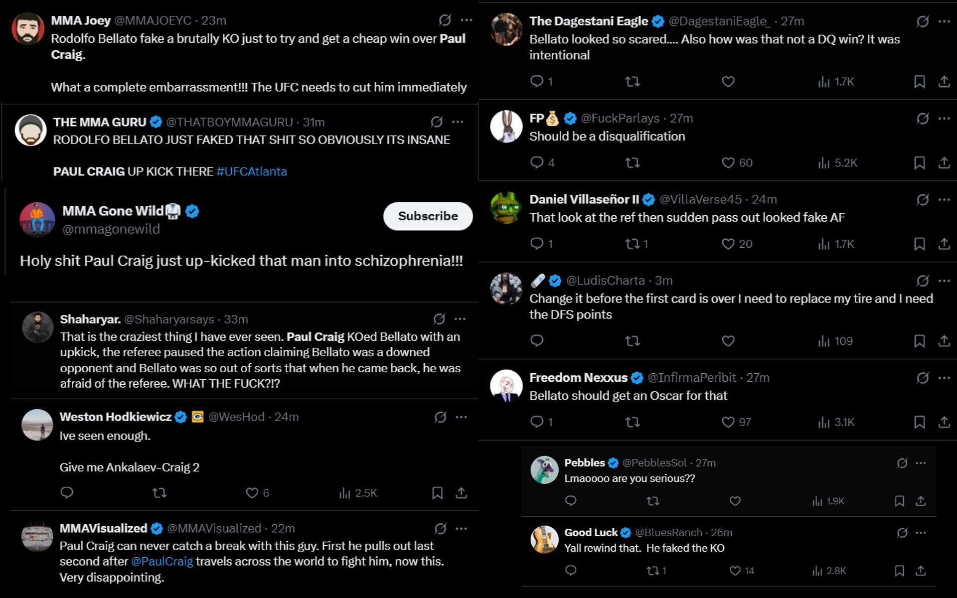 Fans react to Rodolfo Bellato and Paul Craig fighting to a No Contest. [Screenshots courtesy: Fan accounts on X]