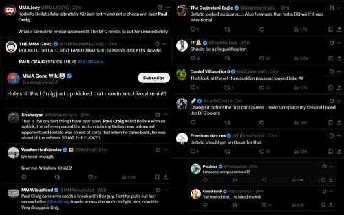 Fans react to Rodolfo Bellato and Paul Craig fighting to a No Contest. [Screenshots courtesy: Fan accounts on X]