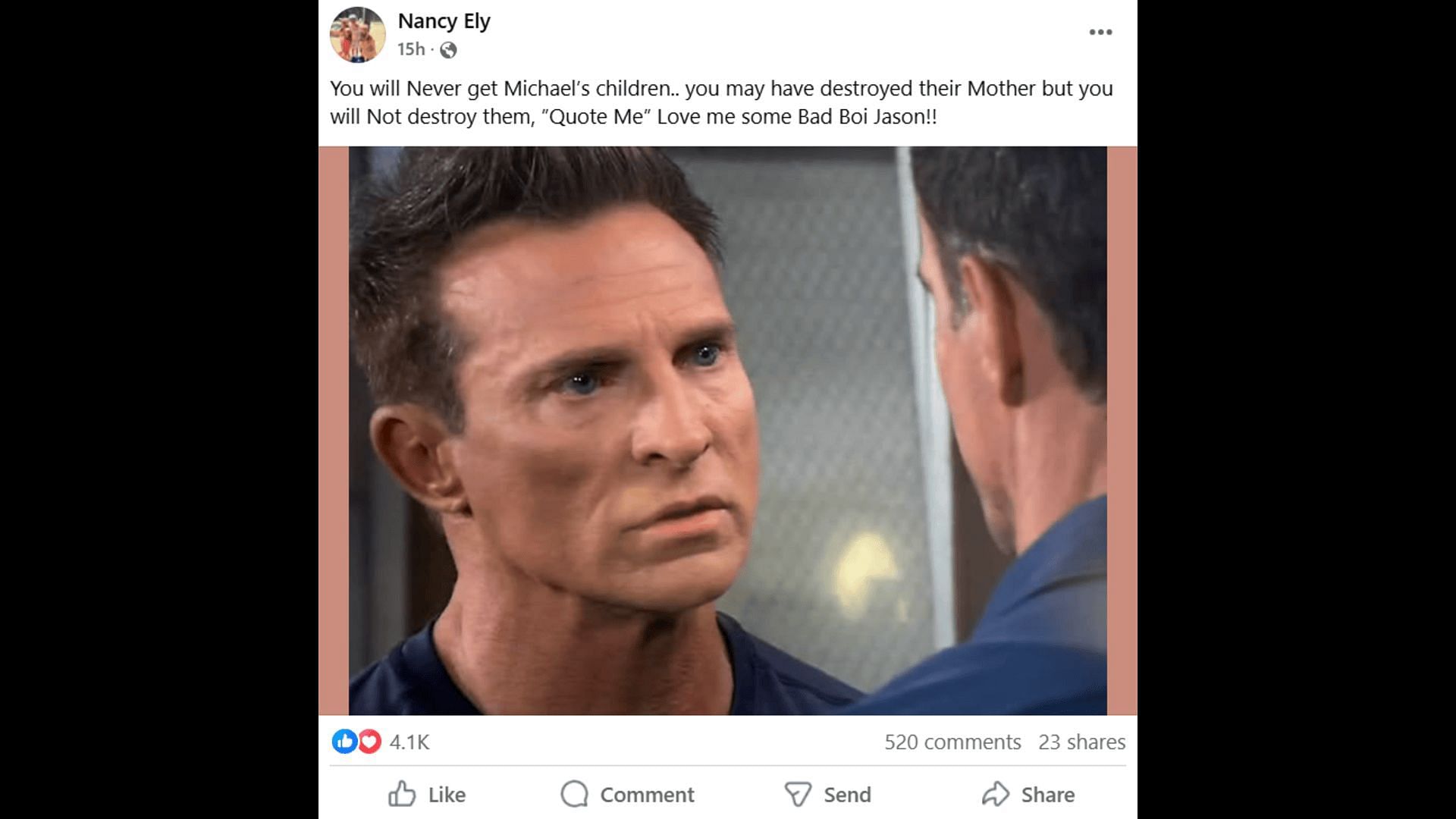 Publikácia na Facebooku o Drewovi, ktorý hrozí Jasonovi (obrázok prostredníctvom fanúšikov Facebooku/General Hospital - Officer)