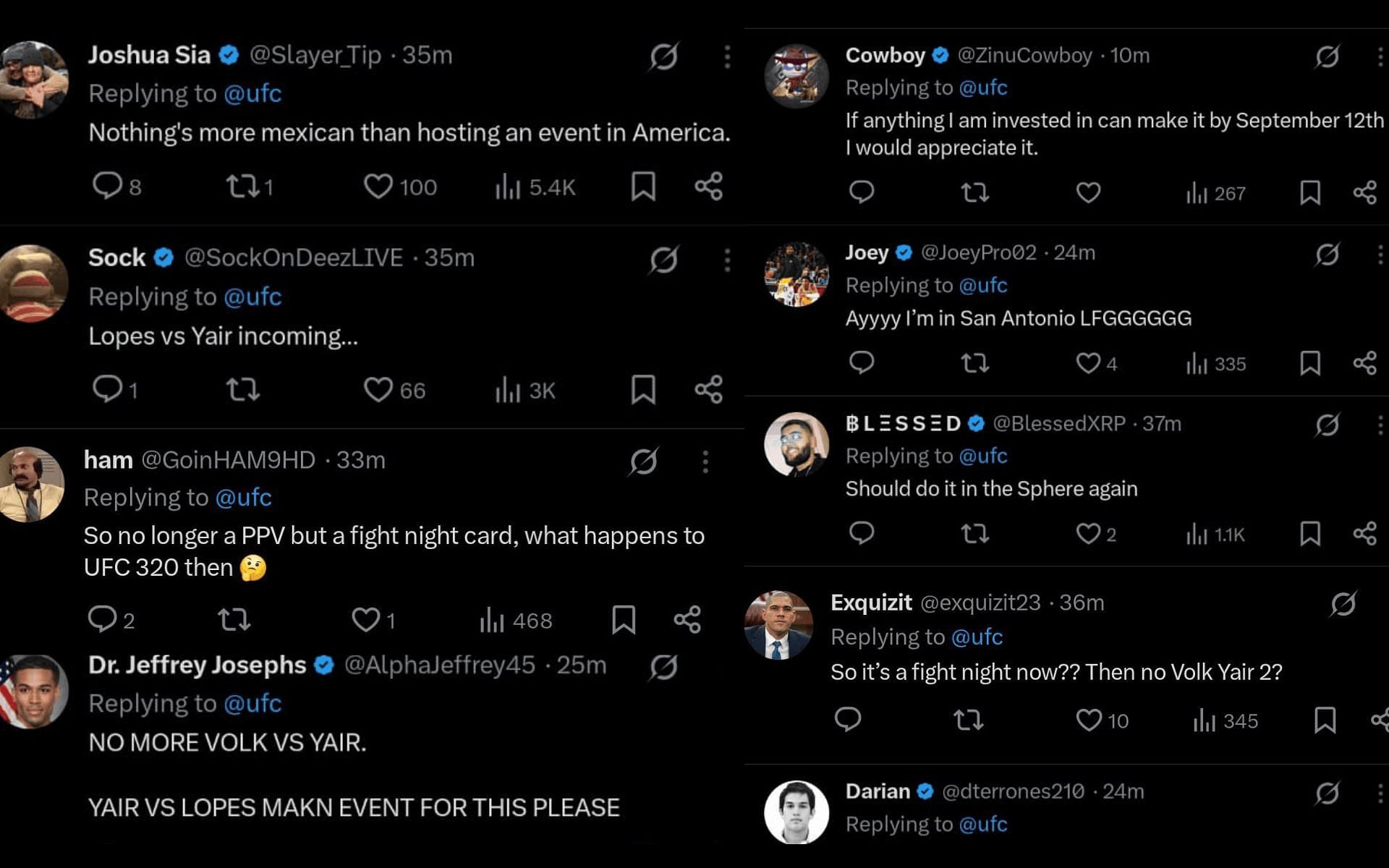 Fans&#039; reaction to Noche UFC 2025&#039;s venue announcement. [Screenshots courtesy: @ufc on X]