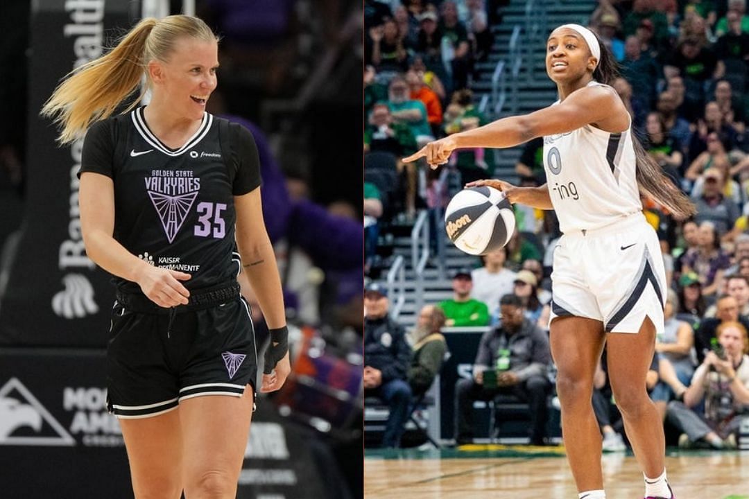 Left: Golden State Valkyries star Julie Vanloo during a WNBA game, Right: Jackie Young of the Las Vegas Aces call a play during a WNBA game