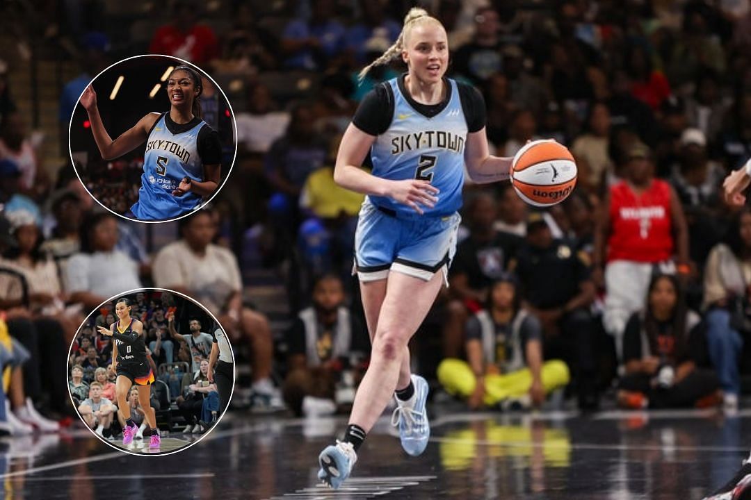 Chicago Sky rookie Hailey Van Lith dribbles the ball up the court during a recent WNBA game, Phoenix Mercury forward Satou Sabally celebrates a point during a WNBA game, Angel Reese of the Chicago Sky smiles during a game   