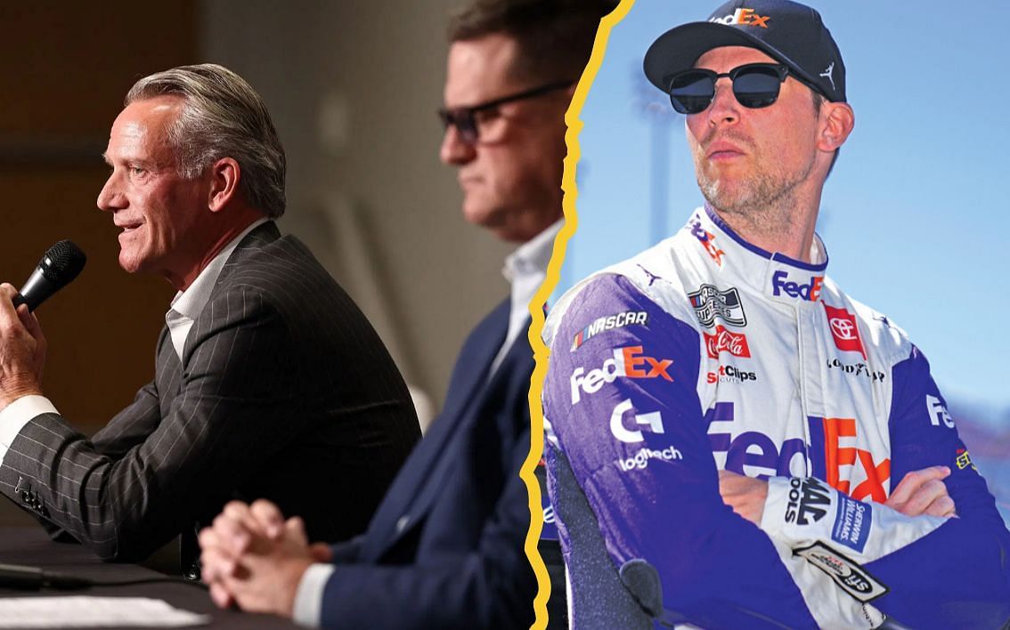 A side-by-side image of (Left) NASCAR Commissioner Steve Phelps speaks to the media alongside NASCAR President Steve O