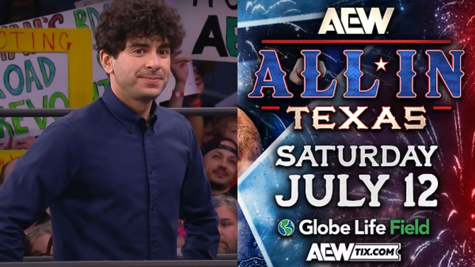 Tony Khan (left) and AEW All In logo (right). (Image credits: AEW YouTube channel &amp; allelitewrestling.com)