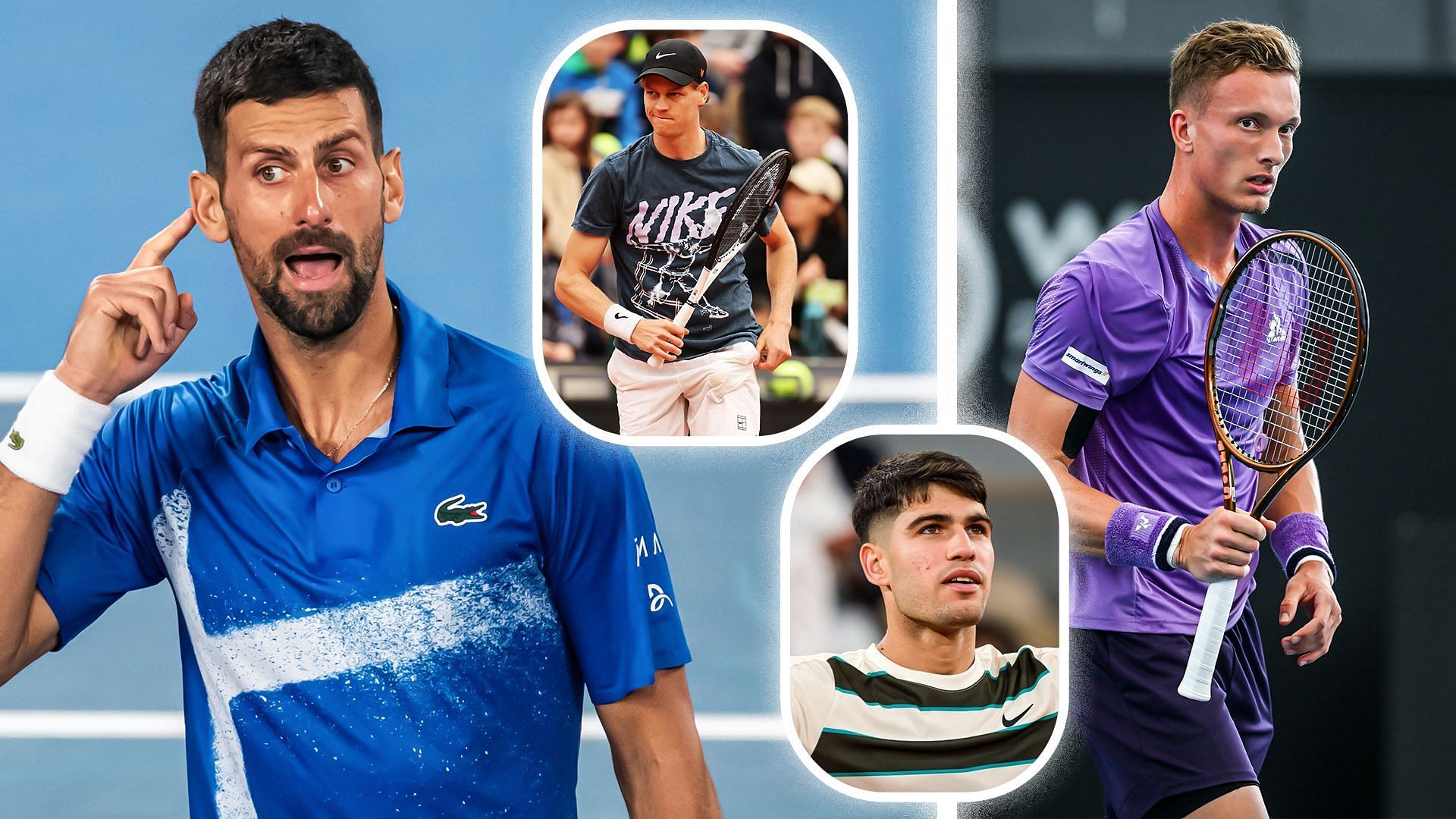 Novak Djokovic (L); Jannik Sinner (Inset 1); Carlos Alcaraz (Inset 2); Jiri Lehecka (R) - Source: Getty