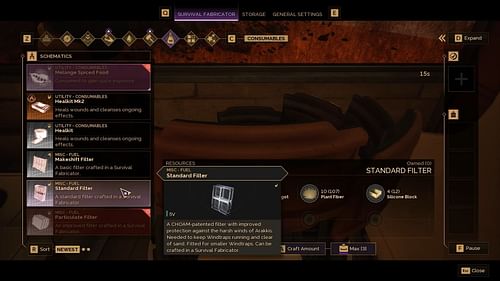 Use the Survival Fabricator to craft Filters (Image via Funcom)