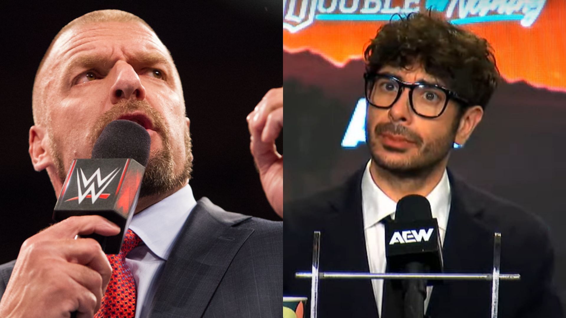 WWE CCO Triple H (left) and AEW president Tony Khan (right). (Image credits: wwe.com &amp; AEW YouTube channel)