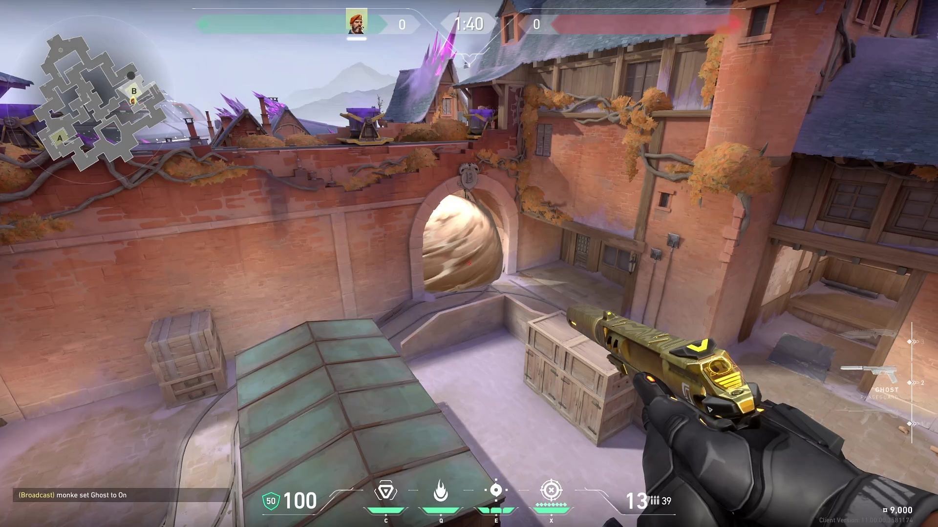 Corrode B site defending smokes in-game view (Image via Riot Games)