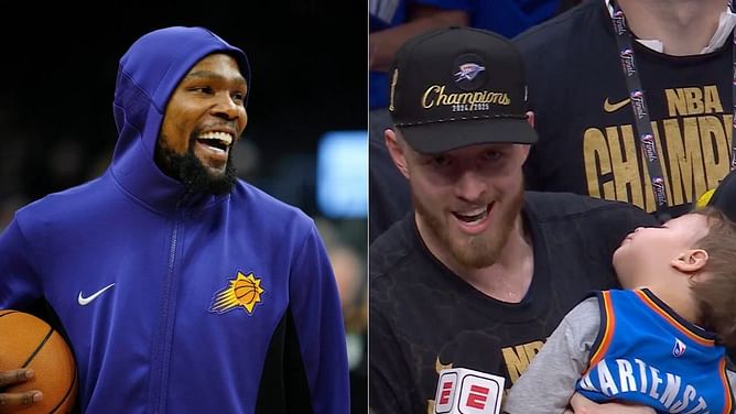 Kevin Durant in stitches seeing Isaiah Hartenstein's baby "slumped" during OKC's title ceremony