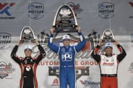 David Malukas, Josef Newgarden, and Scott McLaughlin on the Bommarito Automotive Group 500 podium - Source: Getty