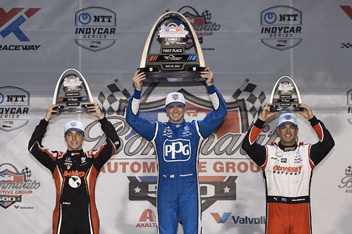 David Malukas, Josef Newgarden, and Scott McLaughlin on the Bommarito Automotive Group 500 podium - Source: Getty