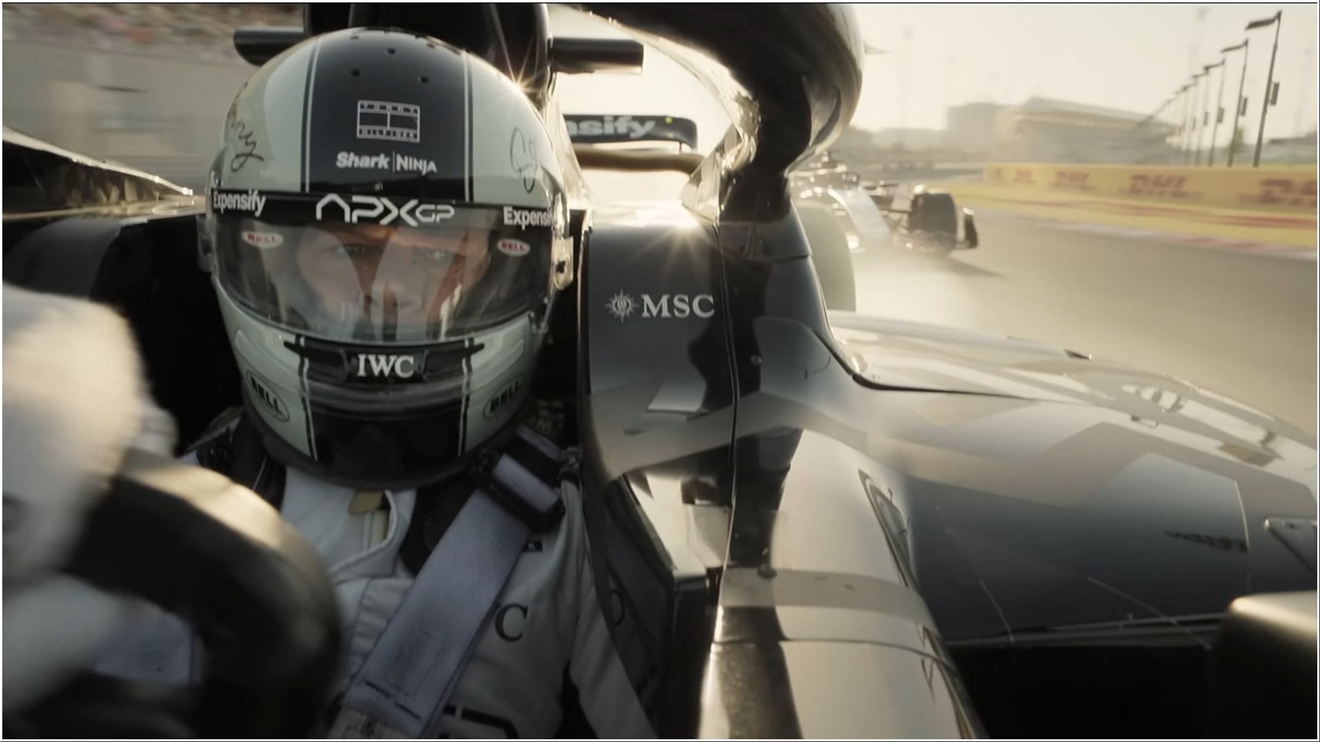 A first-person view from the APXGP car in F1: The Movie, showcasing real racing sequences captured with Imax cameras. (Image via AppleTv)