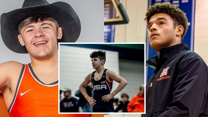 Keegan Bassett reacts as brothers Bo Bassett and Melvin Miller earn rare wrestling honor for their high school
