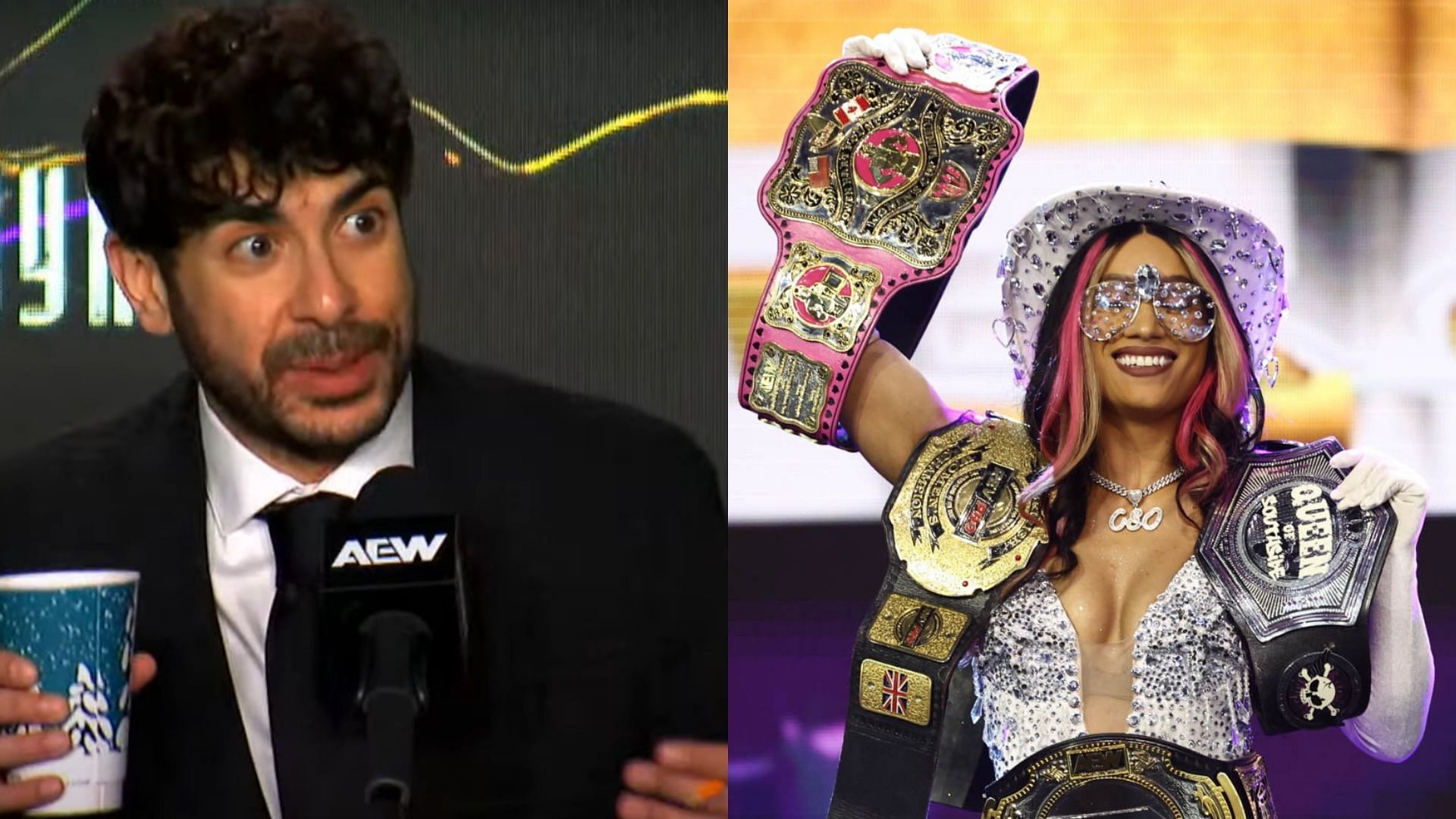 AEW president Tony Khan (left) and Mercedes Mone (right). (Image credits: AEW YouTube channel &amp; Mercedes Mone