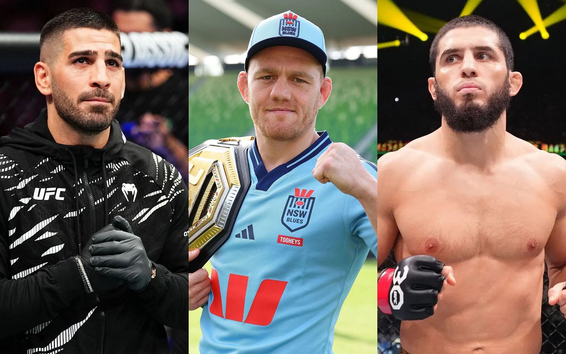 Ilia Topuria [Left] highlights path to victory for Jack Della Maddalena [Middle] against Islam Makhachev [Right] [Image courtesy: Getty Images]