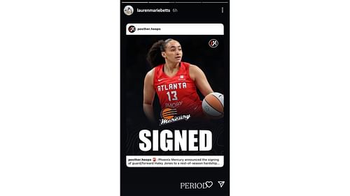 Lauren Betts reacted to the Phoenix Mercury signing her former UCLA teammate Haley Jones on her Instagram story. Source: Instagram/@laurenmariebetts