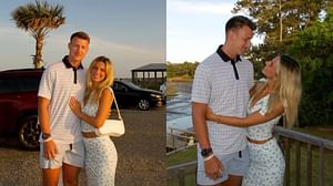 Max Johnson gives golf lessons to girlfriend Adrienne as she recaps first day of training with UNC QB