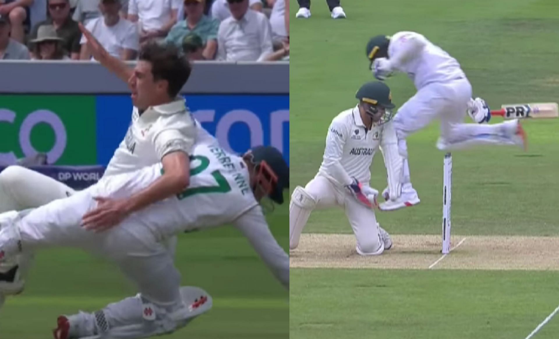 A couple of South Africa and Australia players colliding during day 2 of 2025 WTC final. (Images: ICC/Instagram)