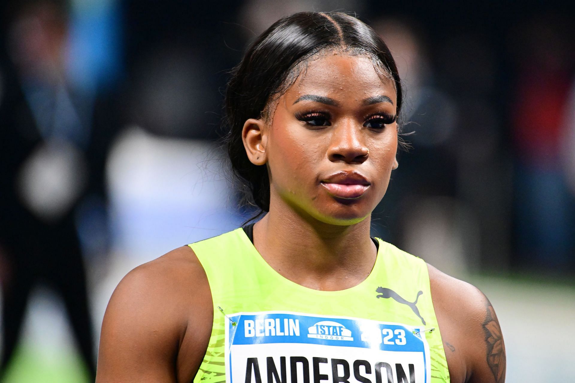 Britany Anderson during a track event in Berlin (Image via: Getty)