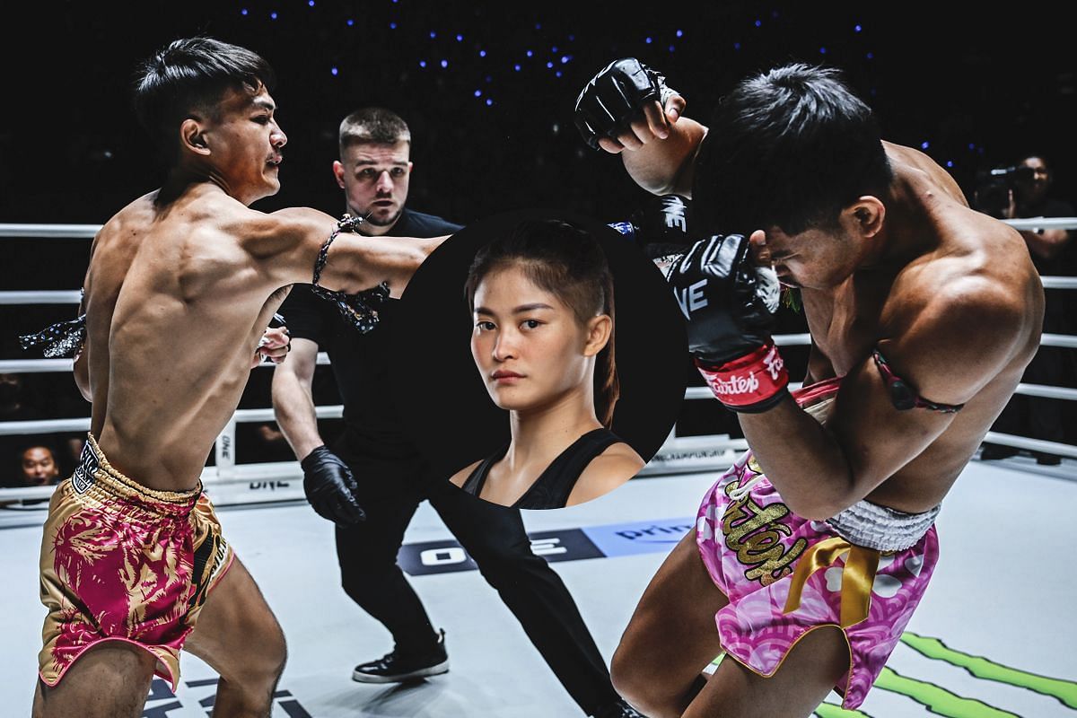 Jaosuayai (left), Stamp Fairtex (circle inset), Nakrob (right) [Photo via ONE Championship]