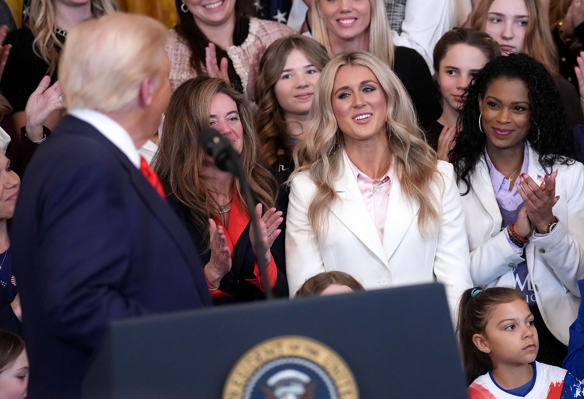 Riley Gaines reacts to President Trump&#039;s address after signing the executive order [Image Source: Getty]