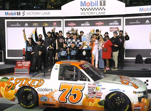 Parker Kligerman (No. 75 Chevrolet) celebrates after winning the Fresh From Florida 250 at Daytona. Source: Imagn
