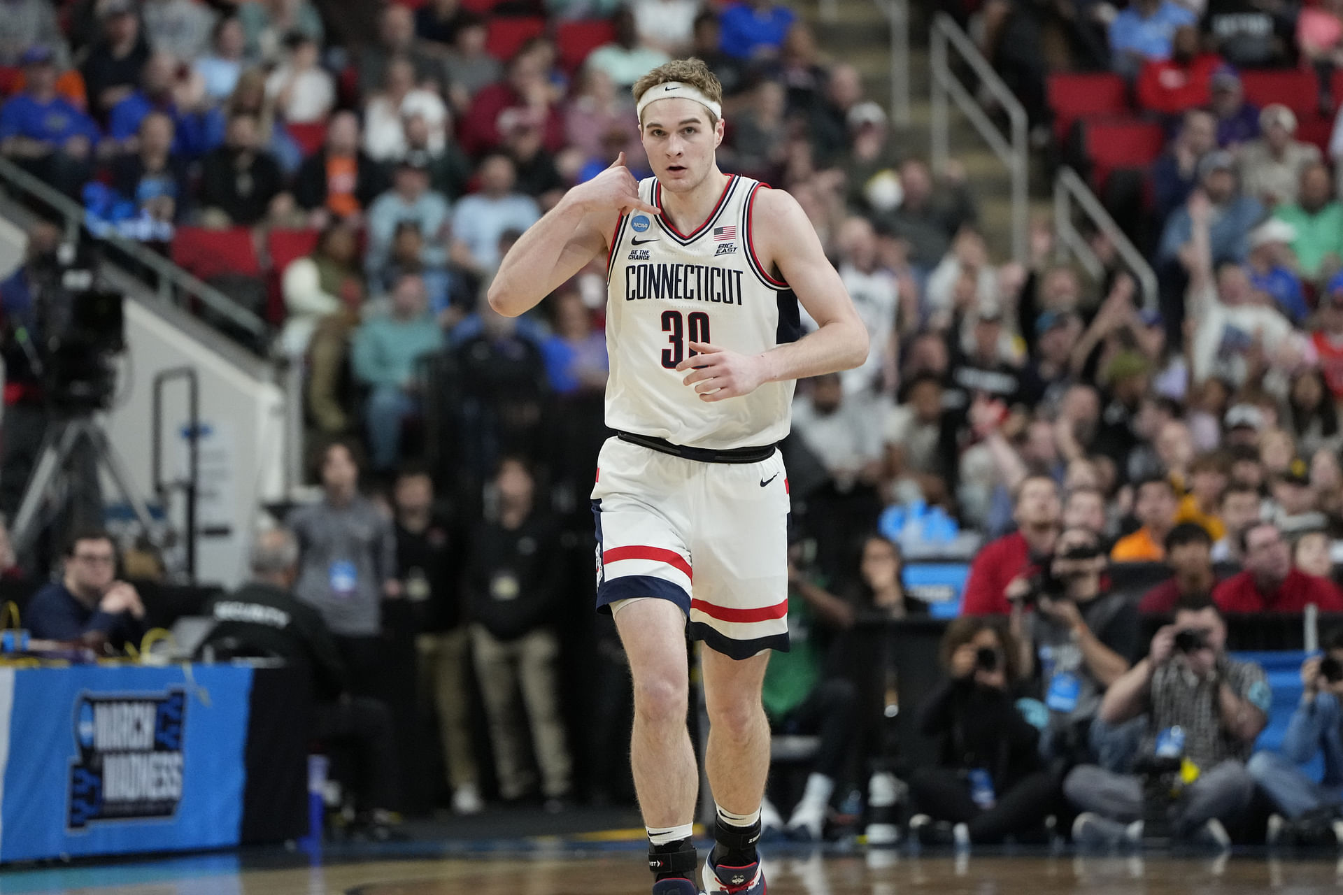 UConn Huskies forward Liam McNeeley (#30) reacts during the first half against the Oklahoma Sooners at Lenovo Center. Photo: Imagn
