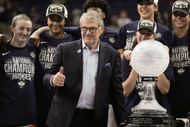 UConn head coach Geno Auriemma receives the WBCA Coaches’ trophy after the Huskies defeated the South Carolina Gamecocks in the national championship game of the 2025 NCAA tournament. Photo: Imagn