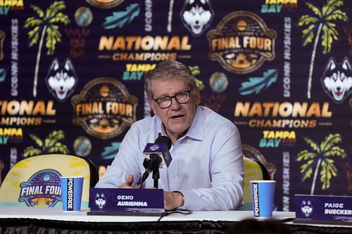 Connecticut Huskies head coach Geno Auriemma speaks to the media after their win over South Carolina in the 2025 NCAA Tournament title game. Photo: Imagn