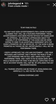 John Legend's statement regarding the show in Napoli (Image via Instagram/@johnlegend)