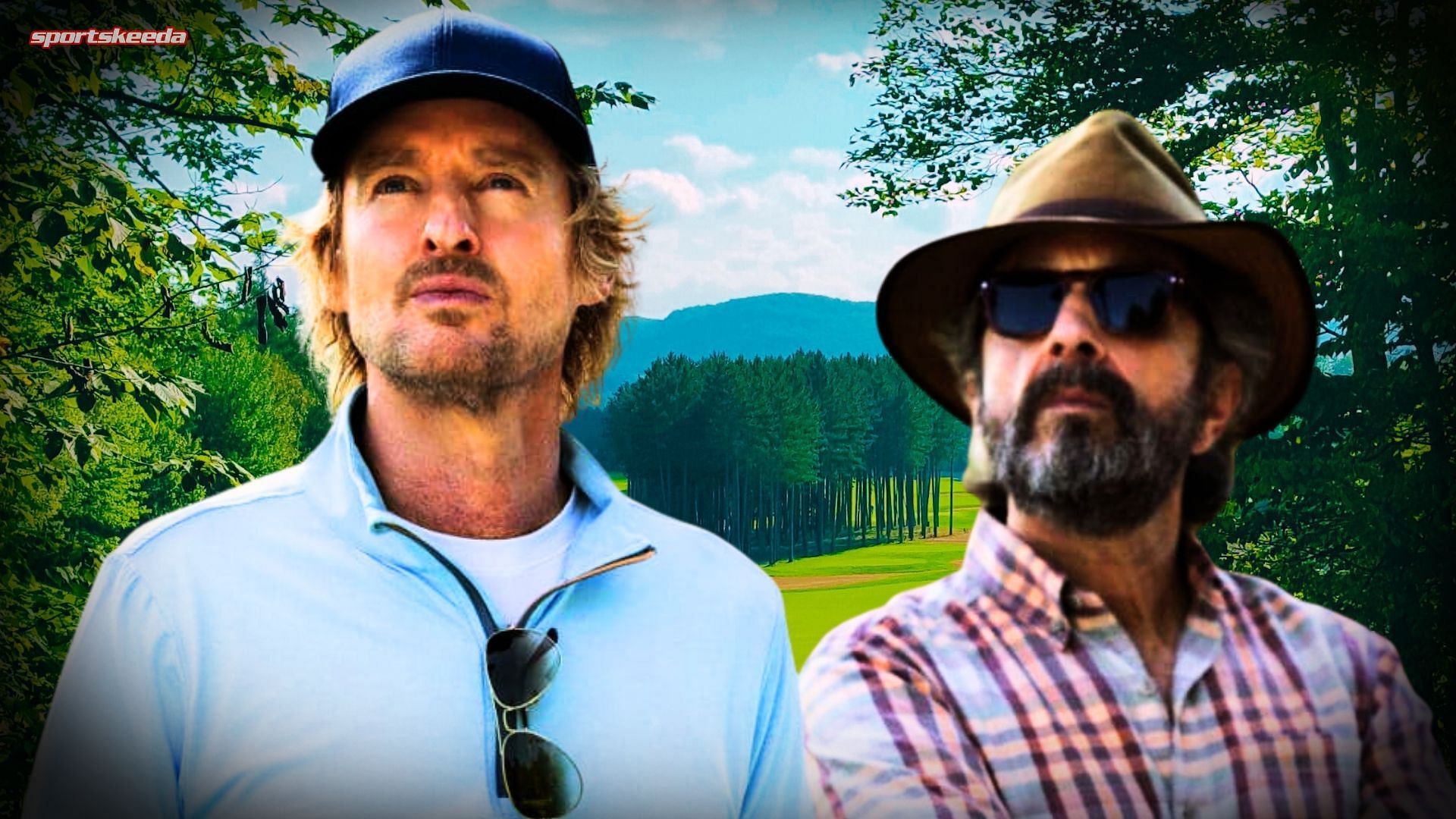 Pryce and Mitts in golf attire standing against a wooded course background in Stick season 1