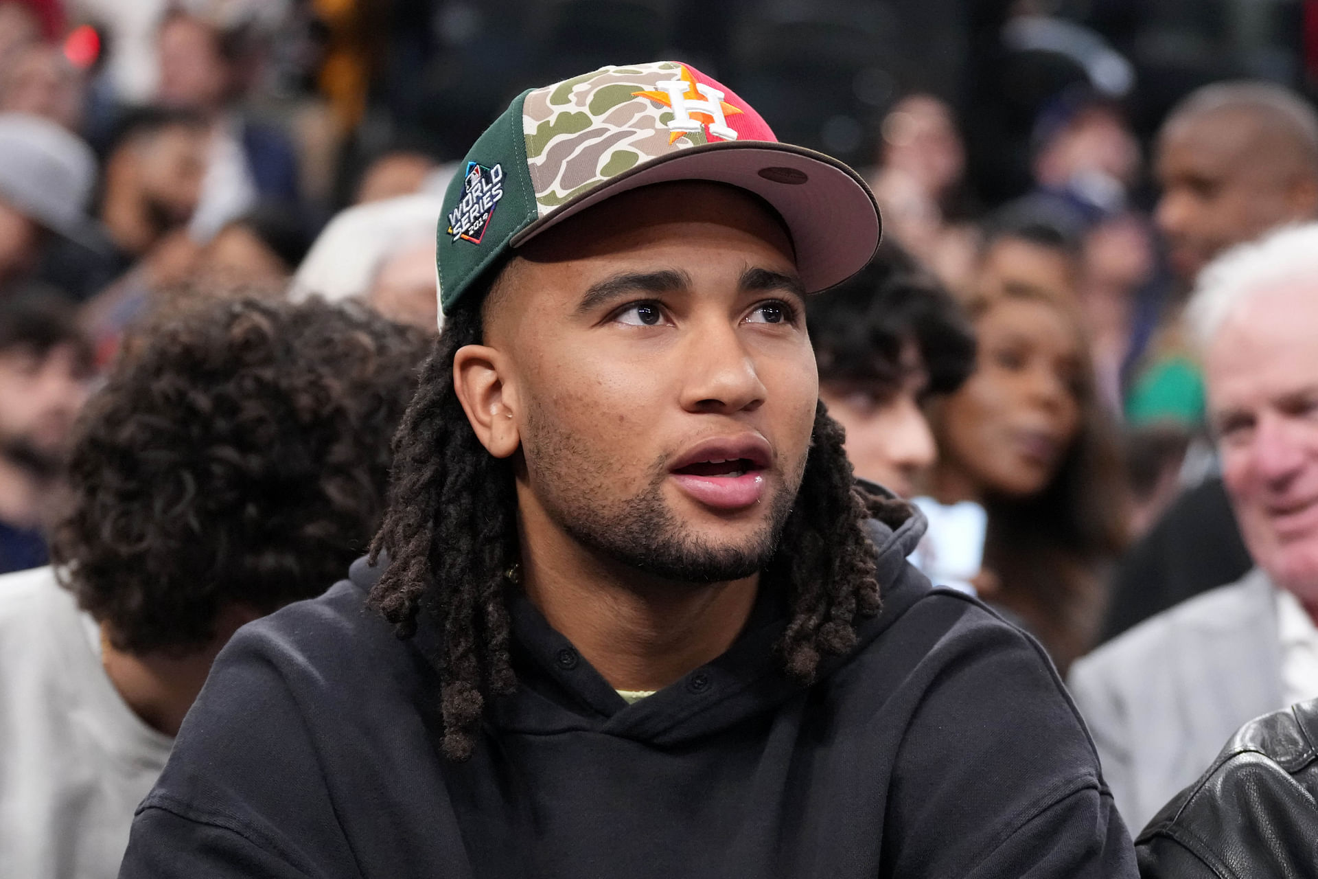 May 1, 2025; Inglewood, California, USA; Houston Texans quarterback C.J. Stroud attends game six of first round for the 2025 NBA Playoffs between the Denver Nuggets and the LA Clippers at Intuit Dome. Mandatory Credit: Kirby Lee-Imagn Images - Source: Imagn