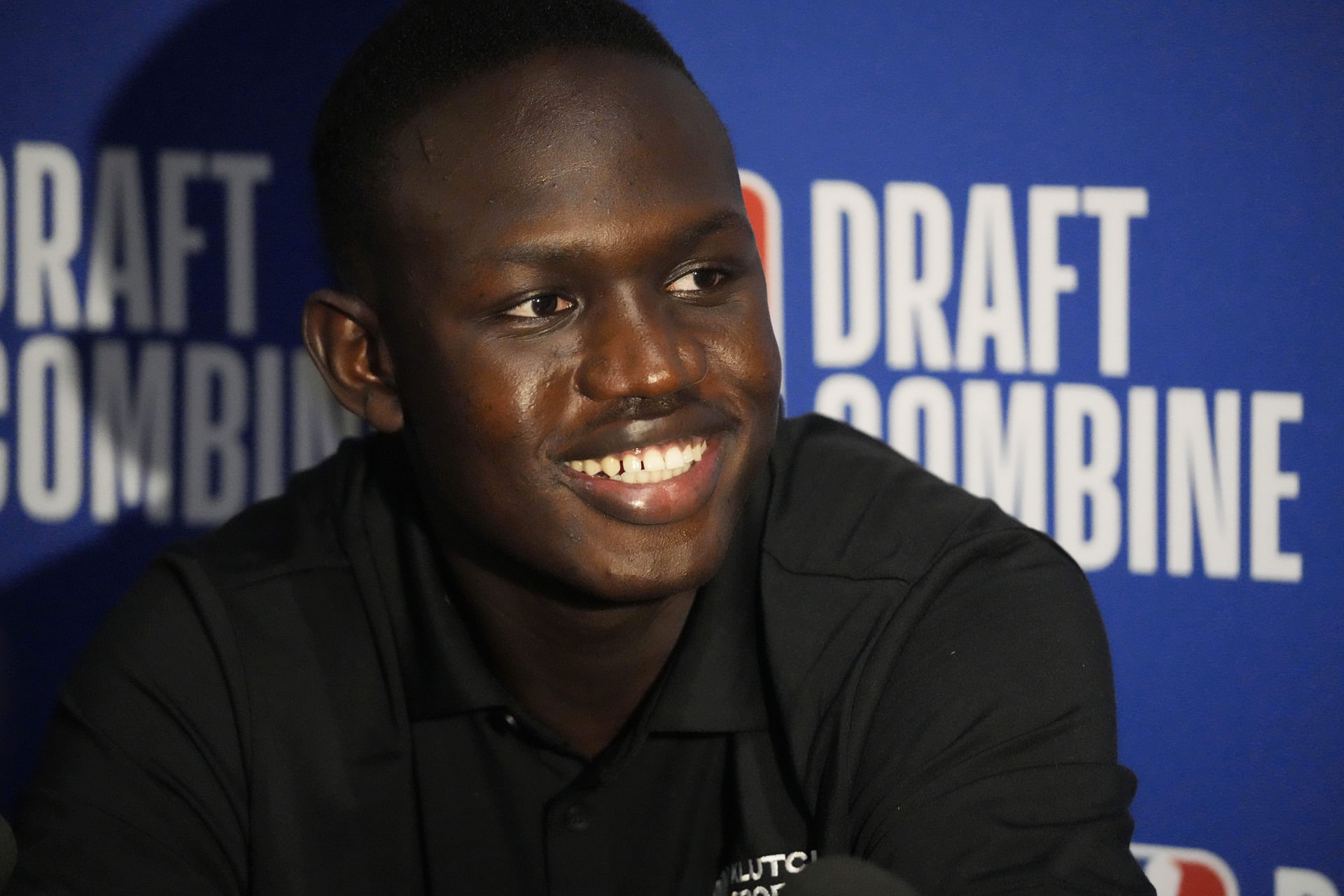 May 14, 2025; Chicago, Il, USA; Khaman Maluach talks to the media during the 2025 NBA Draft Combine at Marriott Marquis Chicago. Mandatory Credit: David Banks-Imagn Images - Source: Imagn