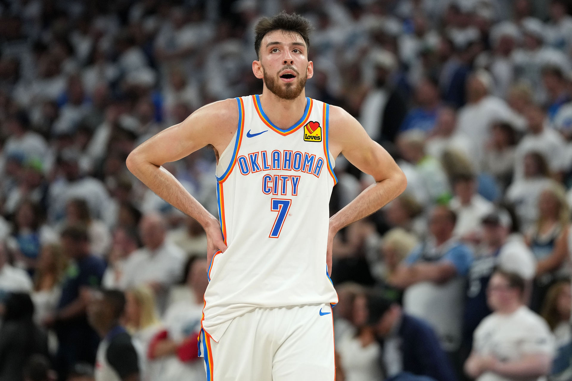 May 26, 2025; Minneapolis, Minnesota, USA; Oklahoma City Thunder forward Chet Holmgren (7) reacts against the Minnesota Timberwolves in the second half during game four of the western conference finals for the 2025 NBA Playoffs at Target Center. Mandatory Credit: Jesse Johnson-Imagn Images - Source: Imagn