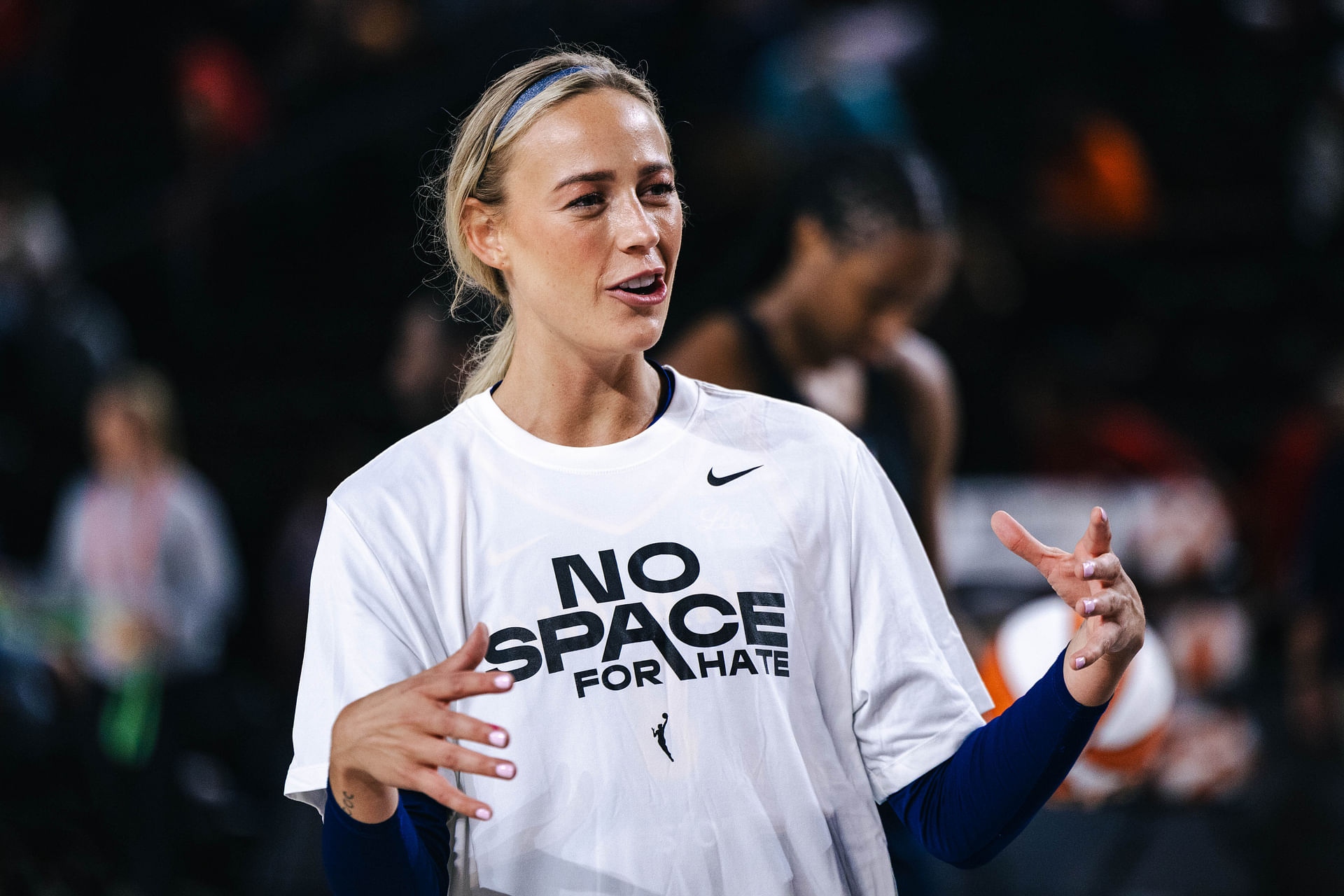 May 28, 2025; Washington, District of Columbia, USA; Indiana Fever guard Sophie Cunningham (8) talks with her teammates before the game against the Washington Mystics at Entertainment &amp; Sports Arena. Mandatory Credit: Emily Faith Morgan-Imagn Images - Source: Imagn