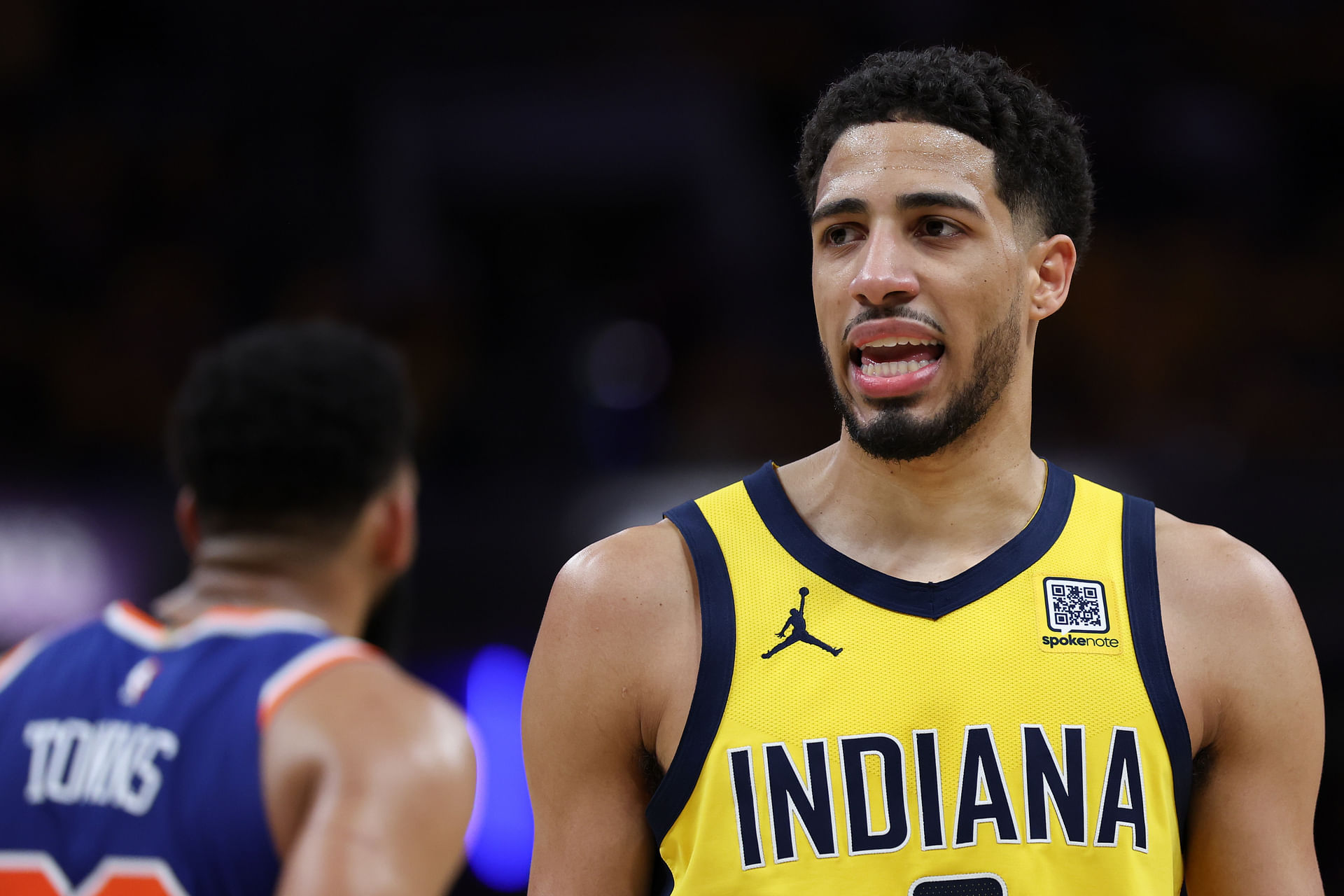 May 31, 2025; Indianapolis, Indiana, USA; Indiana Pacers guard Tyrese Haliburton (0) looks on in the third quarter during game six of the eastern conference finals against the New York Knicks for the 2025 NBA Playoffs at Gainbridge Fieldhouse. Mandatory Credit: Trevor Ruszkowski-Imagn Images - Source: Imagn