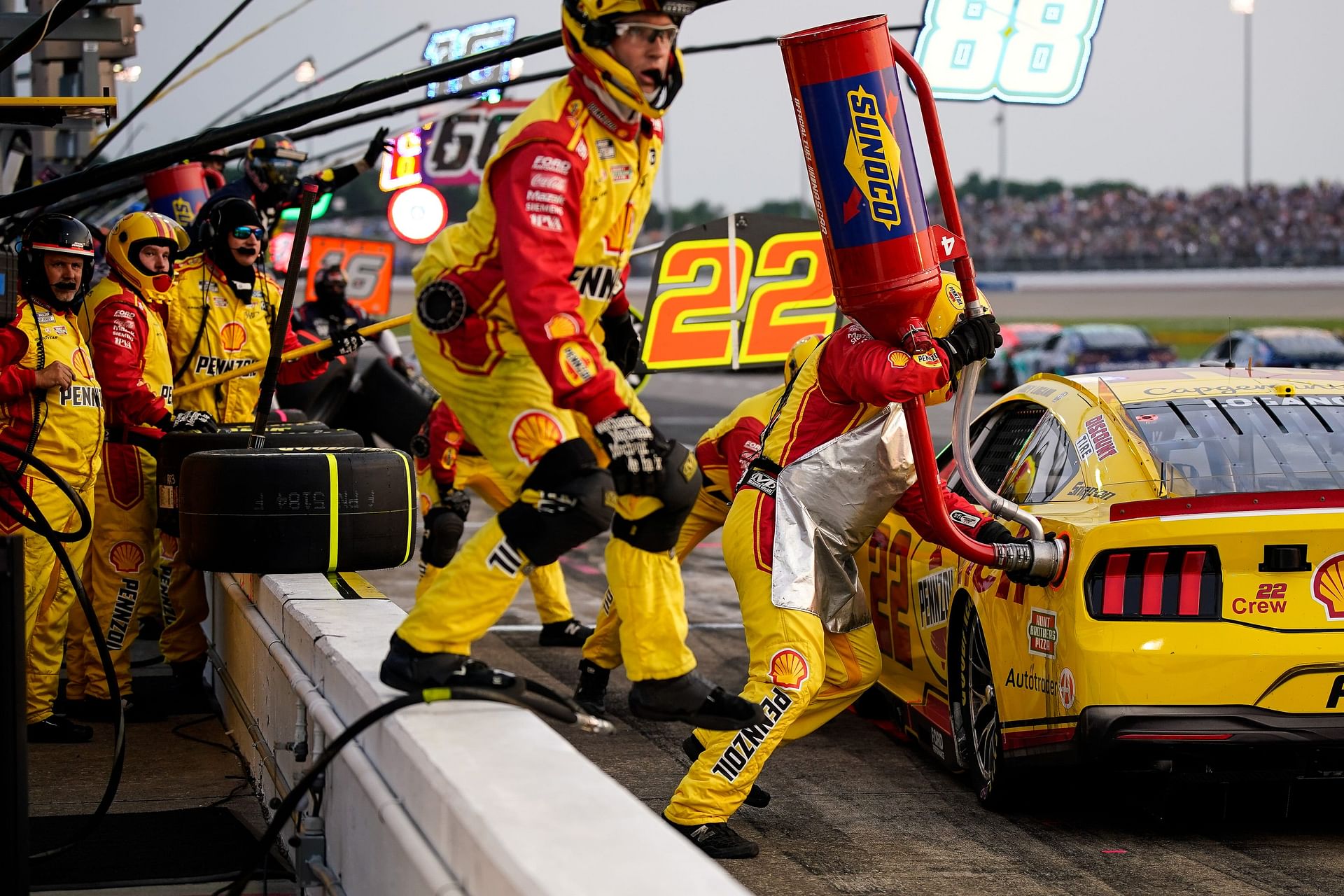 NASCAR Cup Series driver Joey Logano (22) makes pits during the Cracker Barrel 400. Source: Imagn