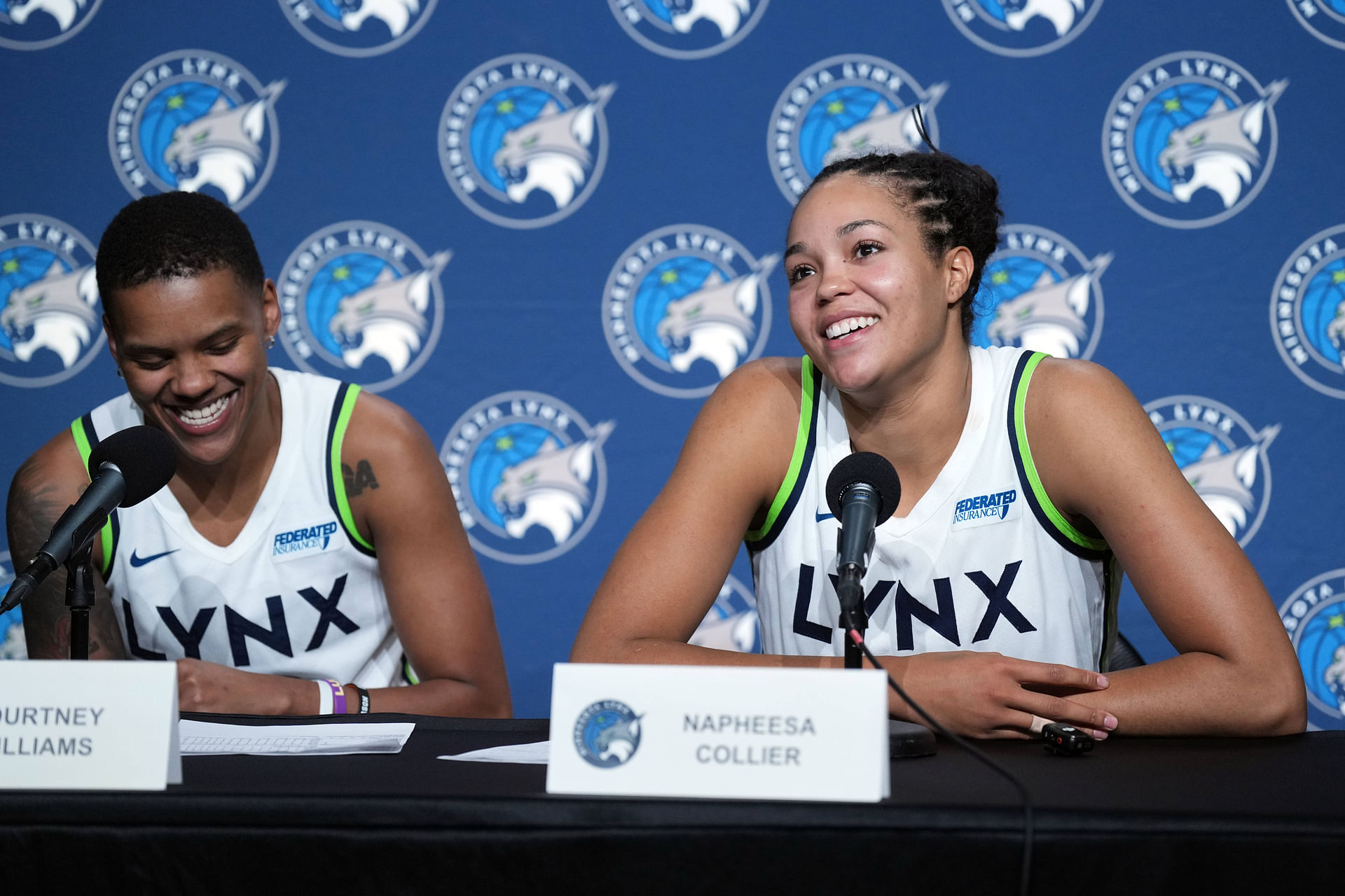 Jun 1, 2025; San Francisco, California, USA; Minnesota Lynx guard Courtney Williams (left) and forward Napheesa Collier (right) talks to media members after defeating the Golden State Valkyries at Chase Center. Mandatory Credit: Darren Yamashita-Imagn Images - Source: Imagn