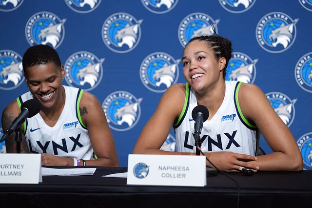 Jun 1, 2025; San Francisco, California, USA; Minnesota Lynx guard Courtney Williams (left) and forward Napheesa Collier (right) talks to media members after defeating the Golden State Valkyries at Chase Center. Mandatory Credit: Darren Yamashita-Imagn Images - Source: Imagn