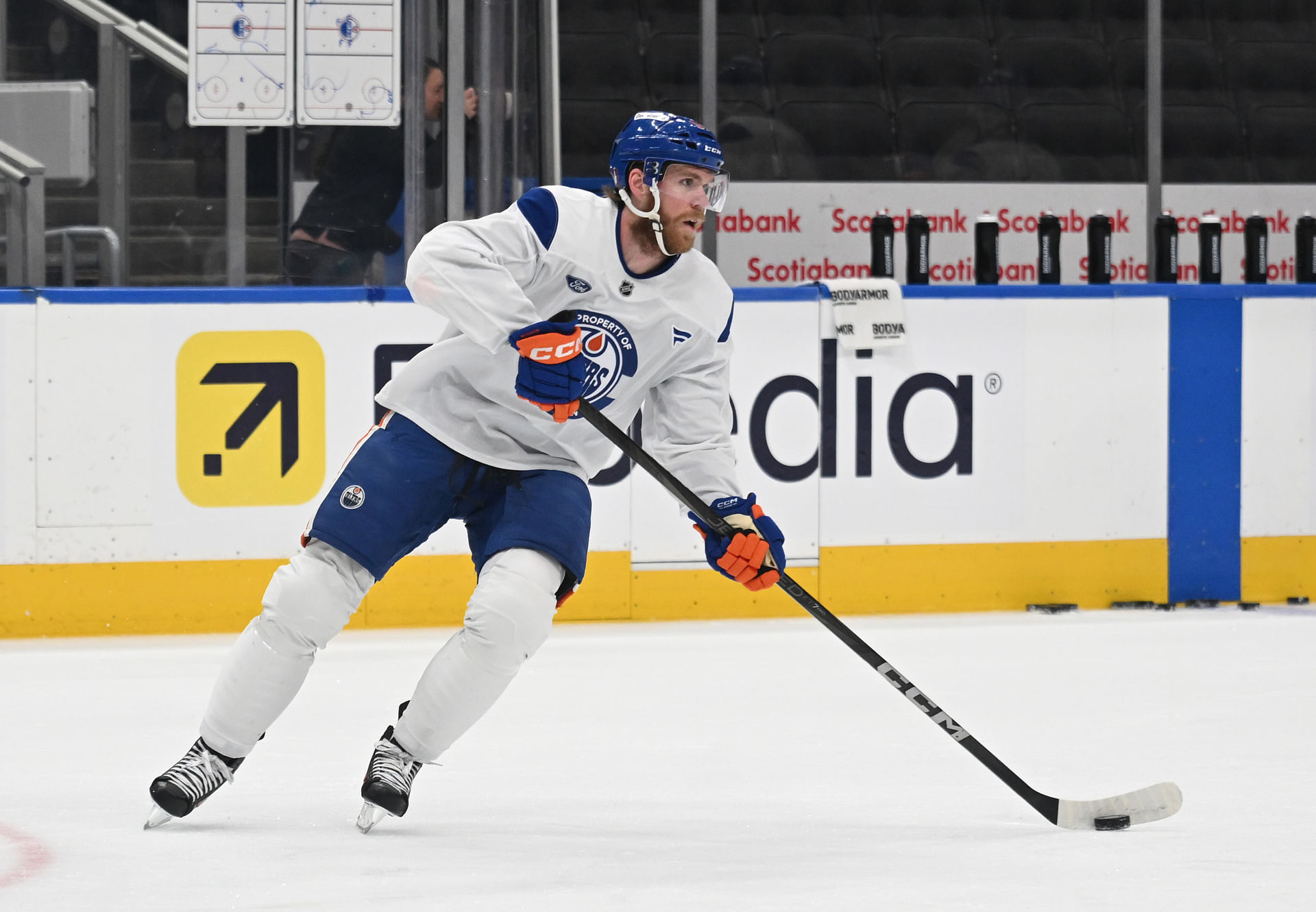 Jun 3, 2025; Edmonton, Alberta, CAN; Edmonton Oilers centre Connor McDavid (97) is seen out on the ice at the team practise during media day in advance of the 2025 Stanley Cup Final at Rogers Place. Mandatory Credit: Walter Tychnowicz-Imagn Images - Source: Imagn