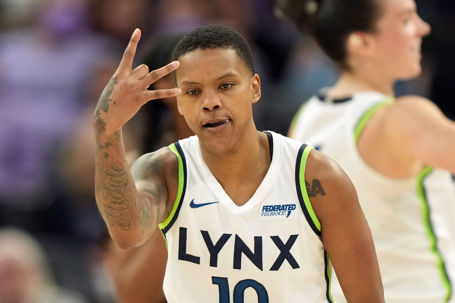 Jun 1, 2025; San Francisco, California, USA; Minnesota Lynx guard Courtney Williams (10) gestures after making a three point basket against the Golden State Valkyries during the fourth quarter at Chase Center. Mandatory Credit: Darren Yamashita-Imagn Images - Source: Imagn