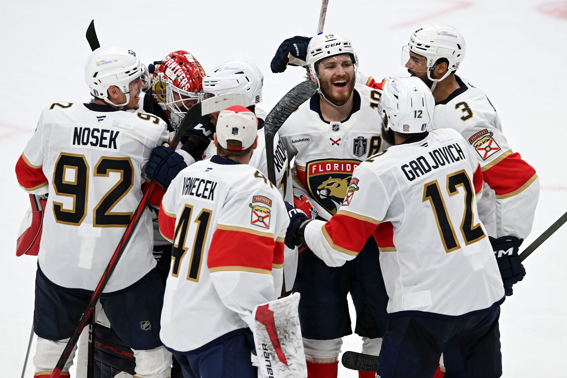 Jun 6, 2025; Edmonton, Alberta, CAN; The Florida Panthers react after defeatingd he Edmonton Oilers in double overtime for game two of the 2025 Stanley Cup Final at Rogers Place. Mandatory Credit: Walter Tychnowicz-Imagn Images - Source: Imagn