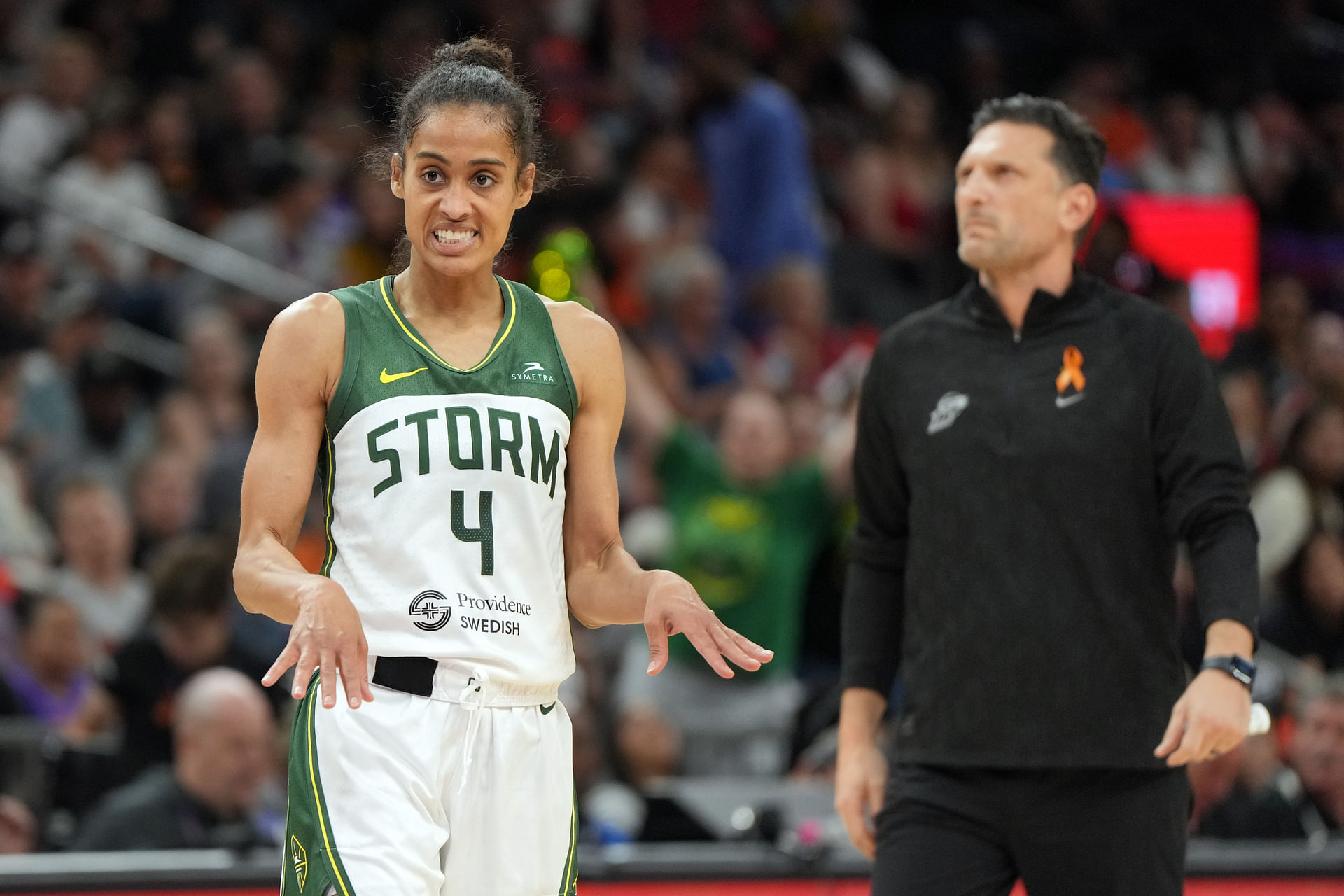 Jun 7, 2025; Phoenix, Arizona, USA; Seattle Storm guard Skylar Diggins (4) reacts fater scoring against the Seattle Storm in the second half at Footprint Center. Mandatory Credit: Rick Scuteri-Imagn Images - Source: Imagn